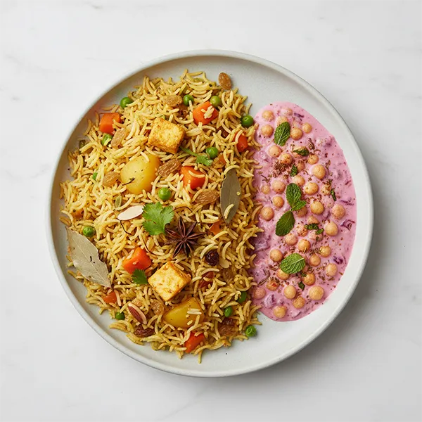 Kashmiri Vegetable Pulao With Beetroot & Boondi Raita
